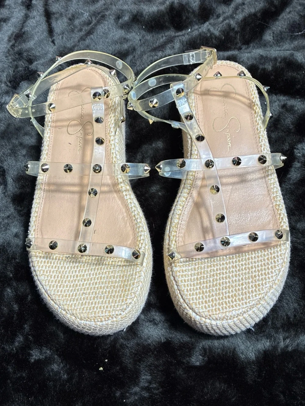 Jessica Simpson Clear Studded Platform Sandal in Beige Woven